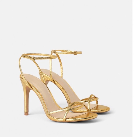 Zara HEELED SANDALS W/ THIN STRAPS Gold Size 6.5